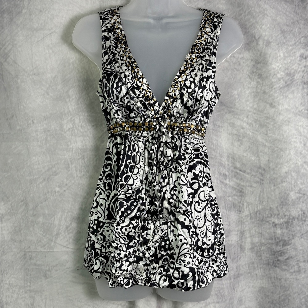 Vtg Y2K Express Design Studio‎ Babydoll Top Sz M Black White embellished silk
